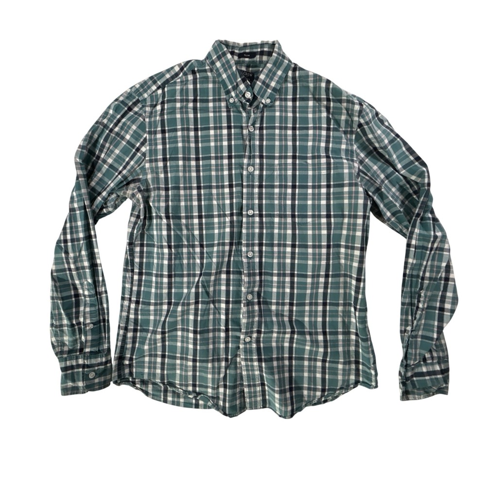 J.Crew Slim Flex Washed Plaid Button Down Shirt Mens Large Teal Green